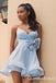 Light Blue Spaghetti Straps V Neck A-line Graduation Party Short Homecoming Dresses, QB0791