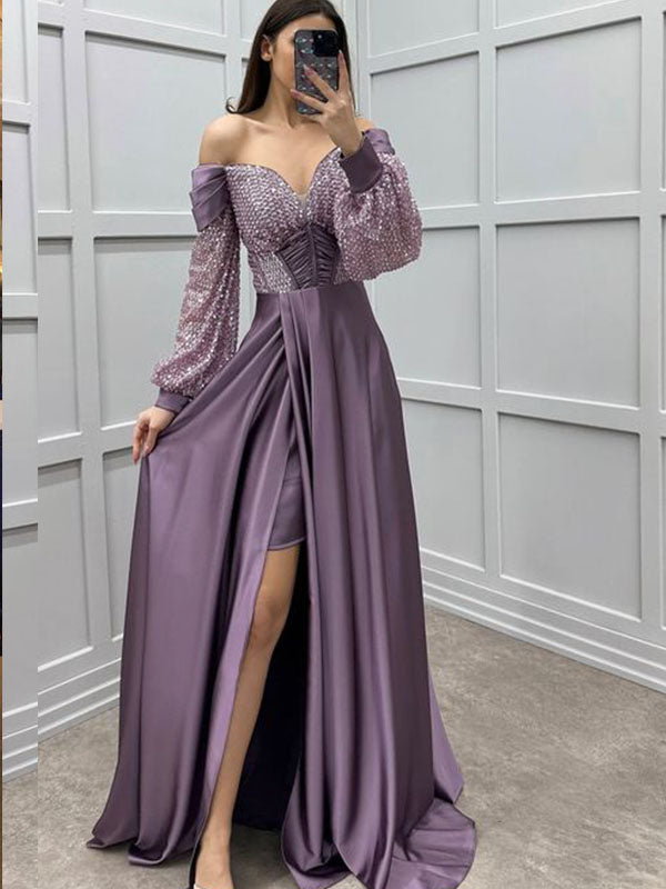 Sweetheart Long Sleeves A-line Long Prom Dresses to Impress with Slit ,WGP1361