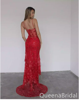 Sexy Red Spaghetti Straps Lace Appliques V Neck Long Party Dress Long Prom Dresses to Impress ,WGP1409