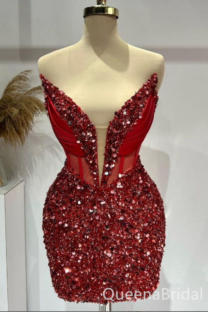 Sparkle Red Mermaid Strapless Plunging Graduation Party Short Homecoming Dresses, QB0792