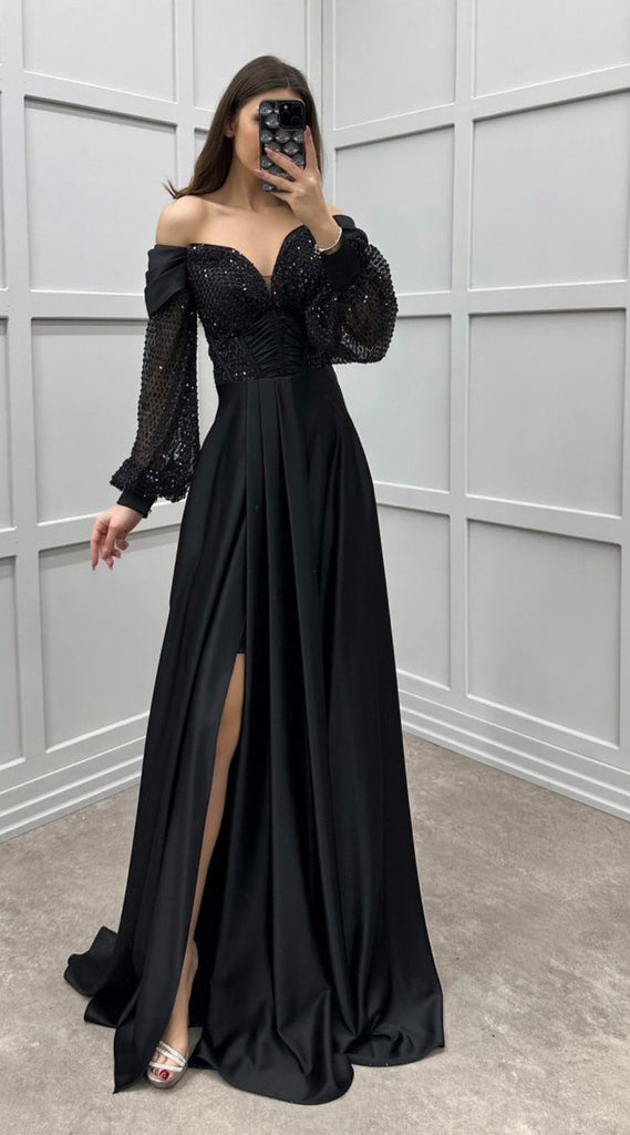 Black Sweetheart Long Sleeves A-line Long Prom Dresses to Impress with Slit ,WGP1362