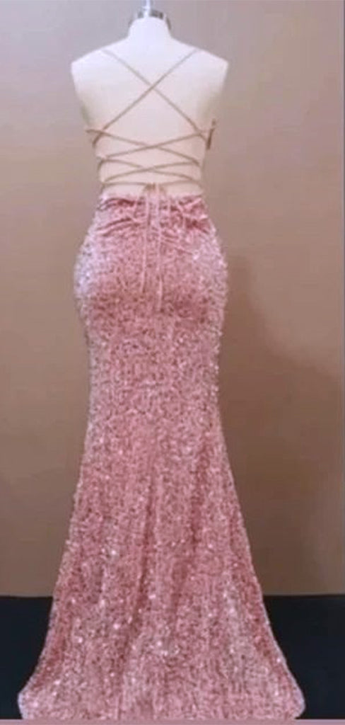Sparkly Pink Sequin Pleats Side Slit Sleeveless Lace Up Back Mermaid Evening Long Prom Dresses,WGP460
