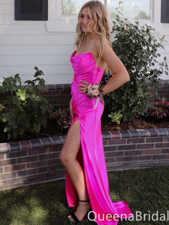Sexy Strapless Hot Pink Side Slit Sheath Long Party Dress Long Prom Dresses to Impress ,WGP1459