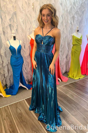 Sexy Spaghetti Straps Blue A-line Side Slit Long Party Dress Long Prom Dresses to Impress ,WGP1460
