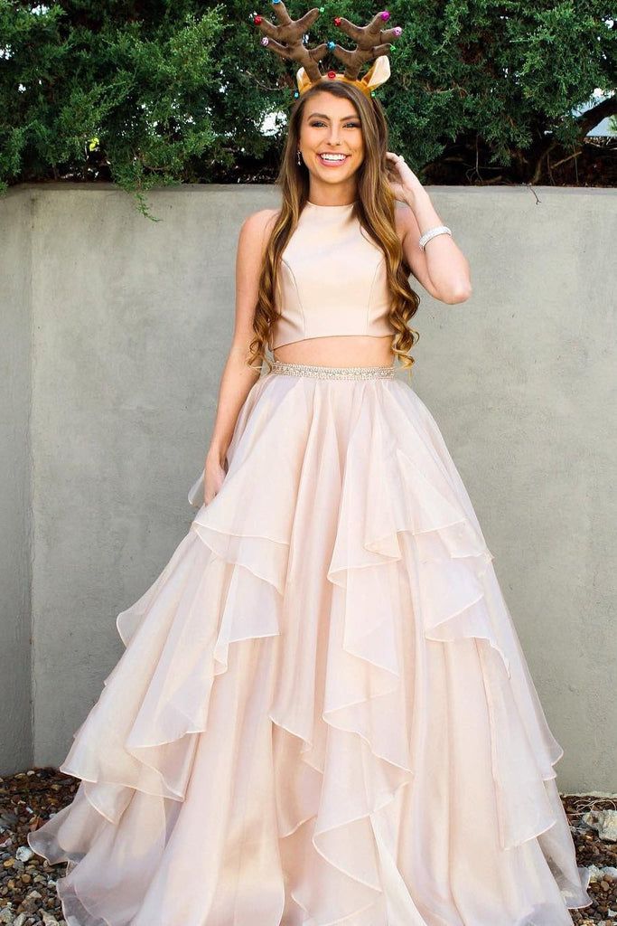 Two Pieces Halter Champagne Ruffles A-line Long Prom Dresses to Impress ,WGP1364