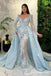 Light Blue Long Sleeves Lace Appliques Sparkle Mermaid Evening Gown Long Evening Party Prom Dresses, WGP1275