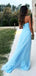 Elegant Light Blue Side Slit Sleeveless Pleats Tulle Mermaid Evening Long Prom Dresses,WGP461