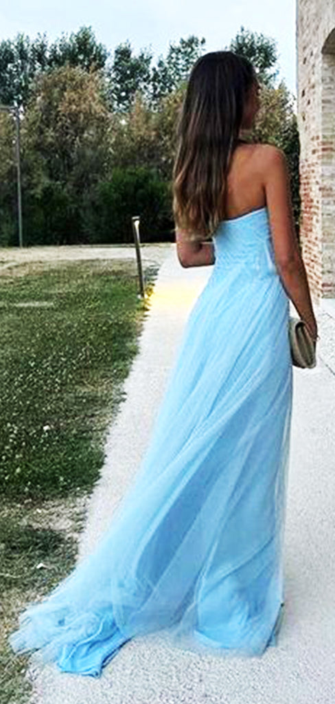 Elegant Light Blue Side Slit Sleeveless Pleats Tulle Mermaid Evening Long Prom Dresses,WGP461