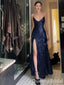 Shiny Blue Lace up Back A-line V Neck Long Party Dress Long Prom Dresses to Impress ,WGP1412