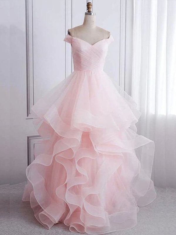 Light Pink Off Shoulder Ruffles A-line Long Prom Dresses to Impress ,WGP1365