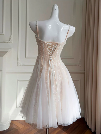 Sparkle Pearl Pink Lace Up Back A-line Graduation Party Short Homecoming Dresses Formal Evening Party Dresses, QB0831