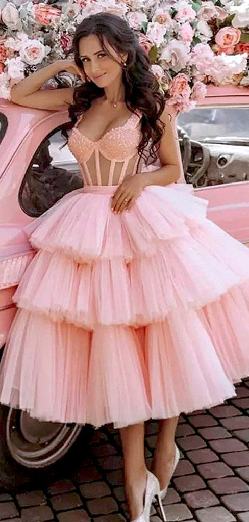 Elegant Pink Sequin Tulle Ruffle A Line Short Homecoming Dresses,QB0387