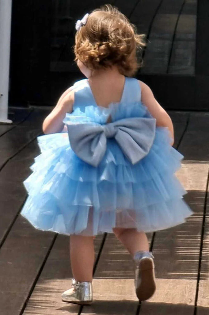 Elegant Blue Tulle A-Line Cheap Simple Long Flower Girl Dresses, FGS0045