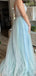 Elegant Blue Spaghetti Strap A-line Sequins Beading Long Prom Dresses,WGP419