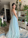 Elegant Blue Spaghetti Strap A-line Sequins Beading Long Prom Dresses,WGP419