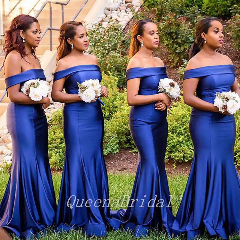 Elegant Royal Blue Off Shoulder Mermaid Simple Bridesmaid Dresses BDS0 QueenaBridal