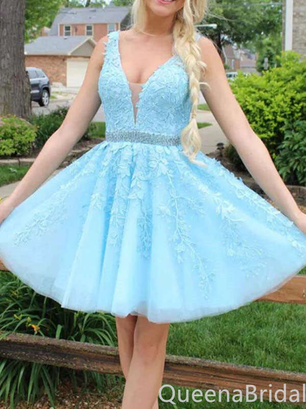 Sexy Beading Elegant Sky Blue Plunging A-line Leaf Appliques Tulle Short Homecoming Dresses with Pleats, QB0604