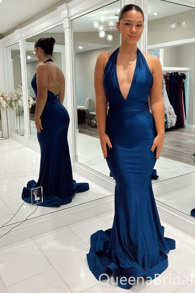 Sexy Plunging Deep V-neck Halter Open Back Mermaid Evening Gown Maxi Long Formal Dresses Prom Dresses with Trailing,WGP947