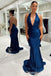 Sexy Plunging Deep V-neck Halter Open Back Mermaid Evening Gown Maxi Long Formal Dresses Prom Dresses with Trailing,WGP947