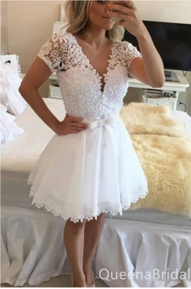 Sexy V Neck Lace Beaded A-line Graduation Party Short Homecoming Dresses Formal Evening Party Dresses, QB0832