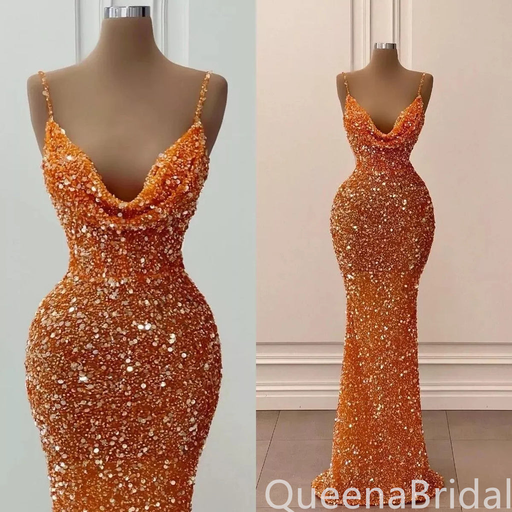 Shiny Orange Spaghetti Straps Mermaid Party Dress Long Prom Dresses to Impress ,WGP1608