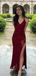 Spaghetti Straps V-neck Mermaid Evening Gown Maxi Long Formal Dresses Prom Dresses with Side Slit,WGP956