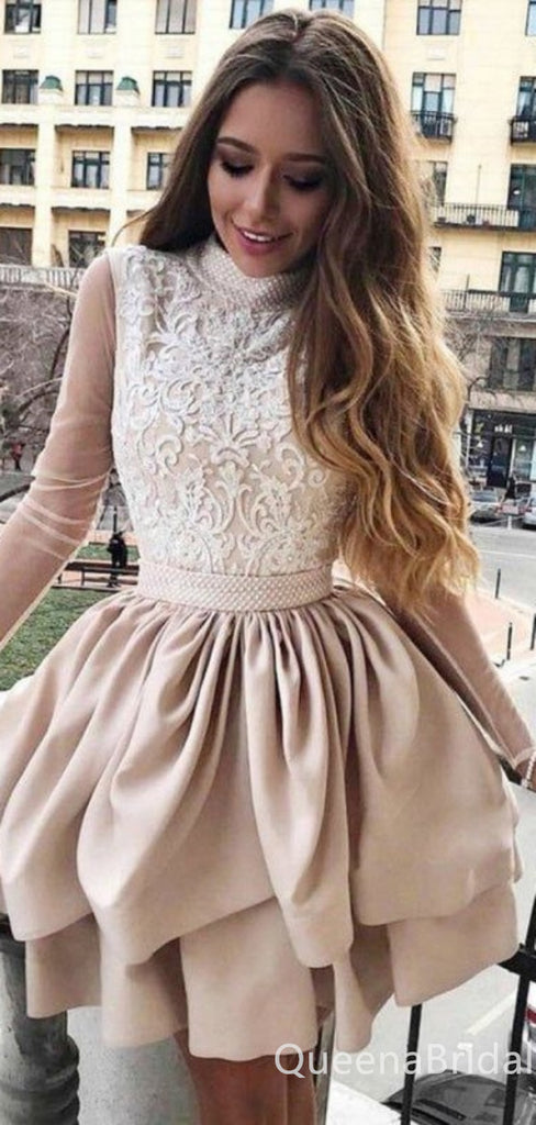 Elegant Long Sleeves High Neck Lace Appliques Open Back Charming A-line Short Homecoming Dresses with Ruffles ,QB0643