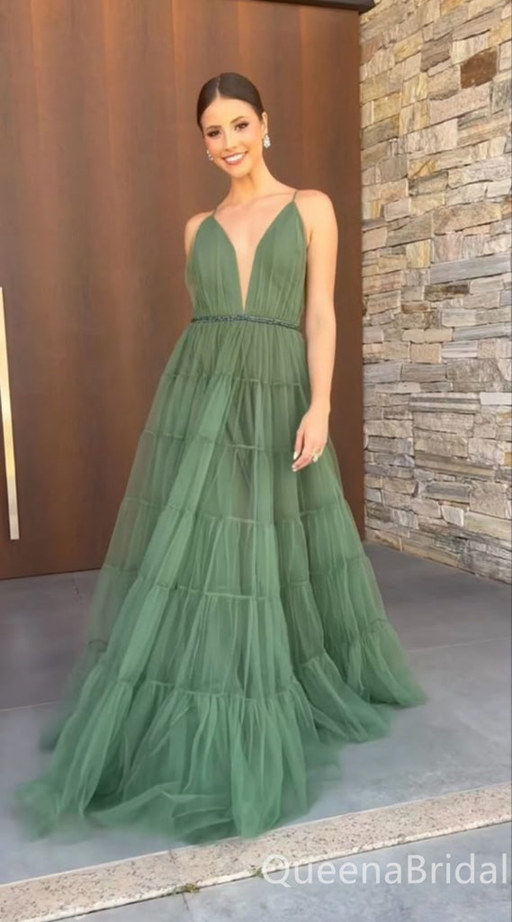 Green Plunging Spaghetti Straps Fluffy A-line Evening Gown Maxi Long Evening Party Prom Dresses with Belt,WGP1184