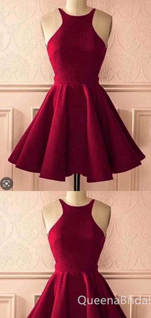 Burgundy O-neck Sleeveless A-line Graduation Party Short Homecoming Dresses with Pleats,QB0744