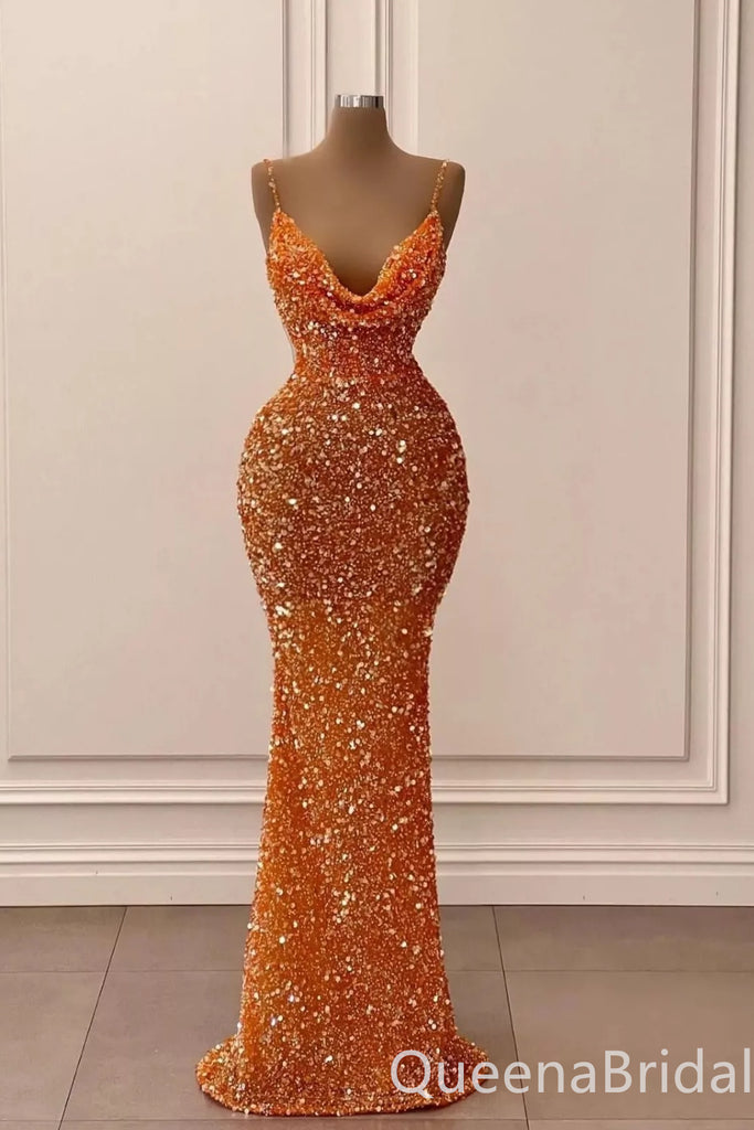 Shiny Orange Spaghetti Straps Mermaid Party Dress Long Prom Dresses to Impress ,WGP1608