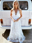 White Lace Appliques Plunging A-line Evening Gown Maxi Long Evening Party Prom Dresses ,WGP1085