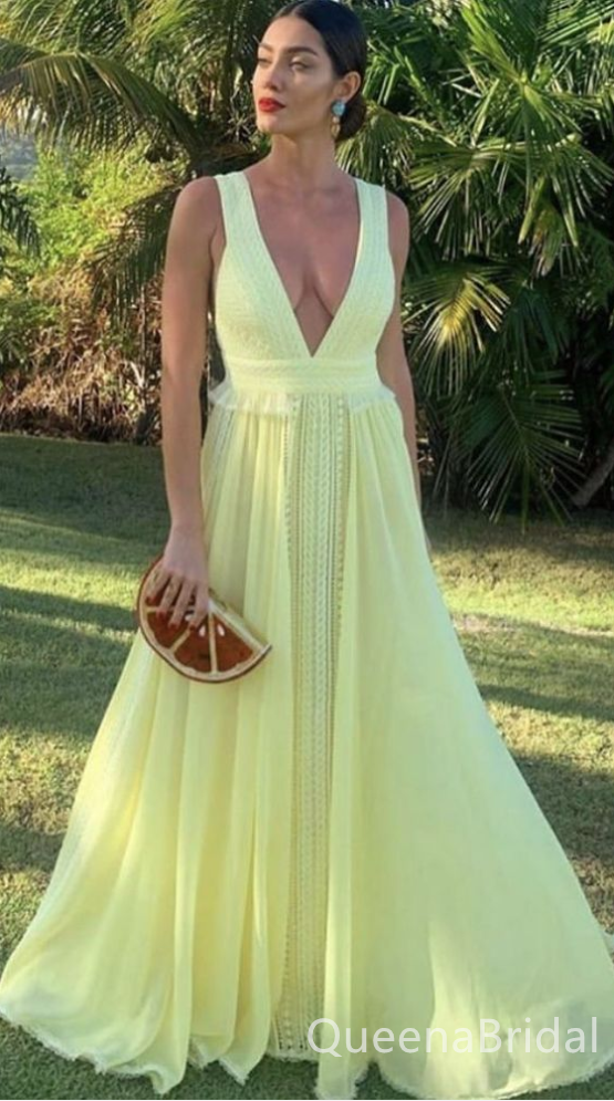 Sexy Yellow Plunging Chiffon A-line Long Party Dress Long Prom Dresses to Impress ,WGP1415