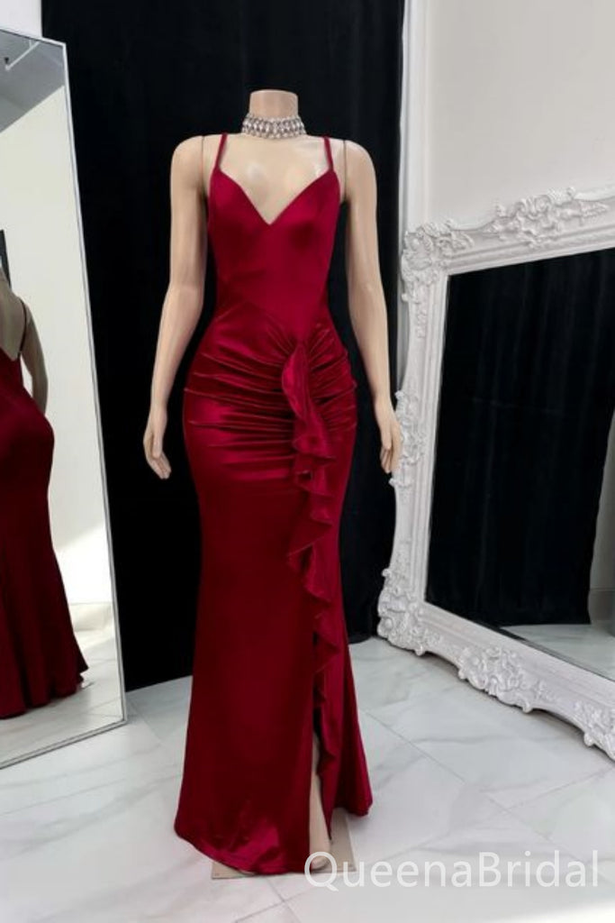 Red Mermaid Spaghetti Straps Evening Gown Maxi Long Evening Party Prom Dresses ,WGP1086