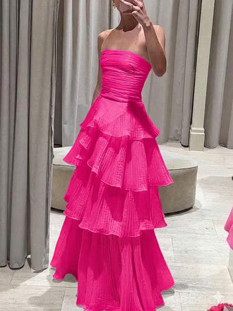 Elegant Fuchsia Strapless A-line Ruffled Evening Gown, Prom Dress, WGP2283