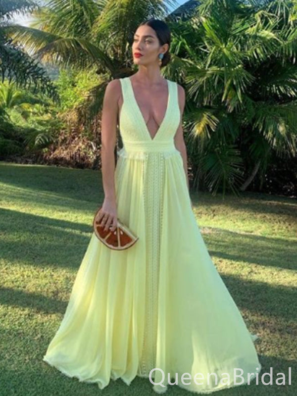 Sexy Yellow Plunging Chiffon A-line Long Party Dress Long Prom Dresses to Impress ,WGP1415