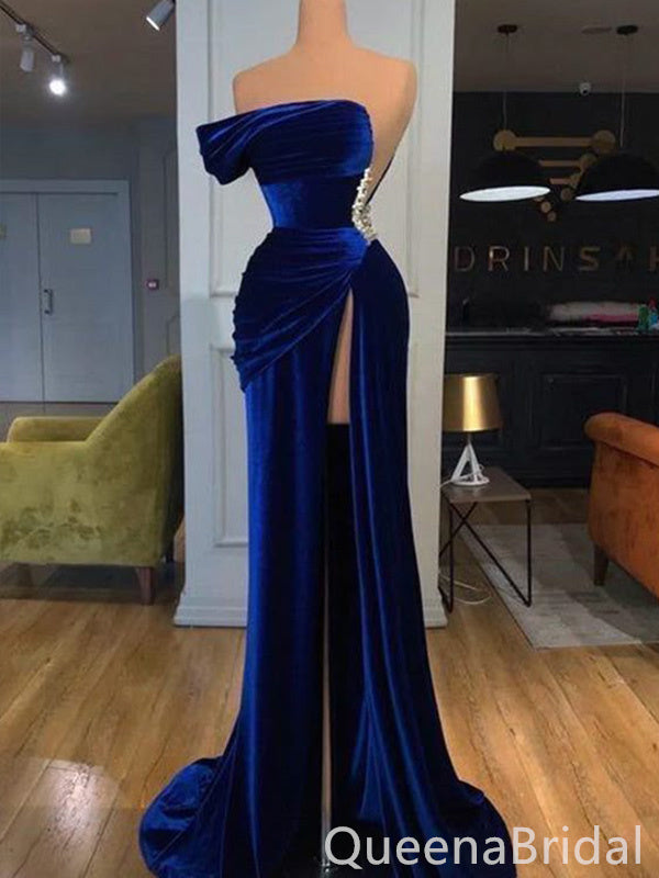 Velvet Blue Mermaid Evening Gown Long Evening Party Prom Dresses with High Slit, WGP1279