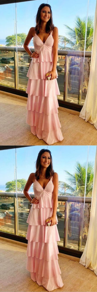 Stylish Light Pink A-line Tiered V Neck Party Dress Long Prom Dresses to Impress ,WGP1567