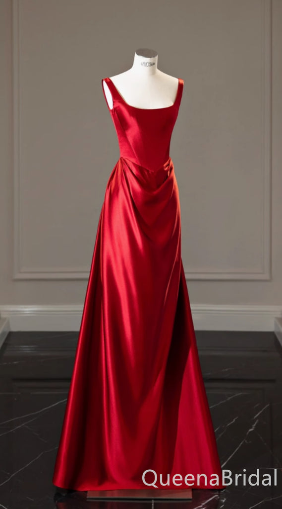 Red Square Neck A-line Party Dress Long Prom Dresses to Impress ,WGP1498