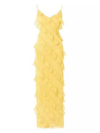 Sexy Yellow Spaghetti Straps Sheath Party Dress Long Prom Dresses to Impress ,WGP1670