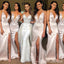 Champagne Spaghetti Straps Mermaid Plunging Lace up Back Long Bridesmaid Dresses ,BDS0218