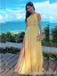 Elegant One Shoulder Yellow Side Slit A-line Long Party Dress Prom Dresses,WGP1755