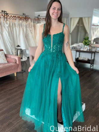 Gorgeous Spaghetti Strap Notched A-line Long Prom Dress Ideas, Evening Party Dresses,WGP2072