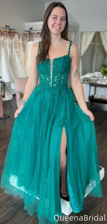 Gorgeous Spaghetti Strap Notched A-line Long Prom Dress Ideas, Evening Party Dresses,WGP2072