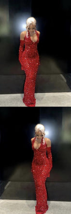 Sexy Shiny Red Halter Plunging Mermaid Party Dress Long Prom Dresses to Impress ,WGP1572