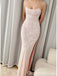 Elegant Light Pink Spaghetti Strap Mermaid Sequins Side Slit Lace Up Back Long Evening Prom Dresses,WGP420