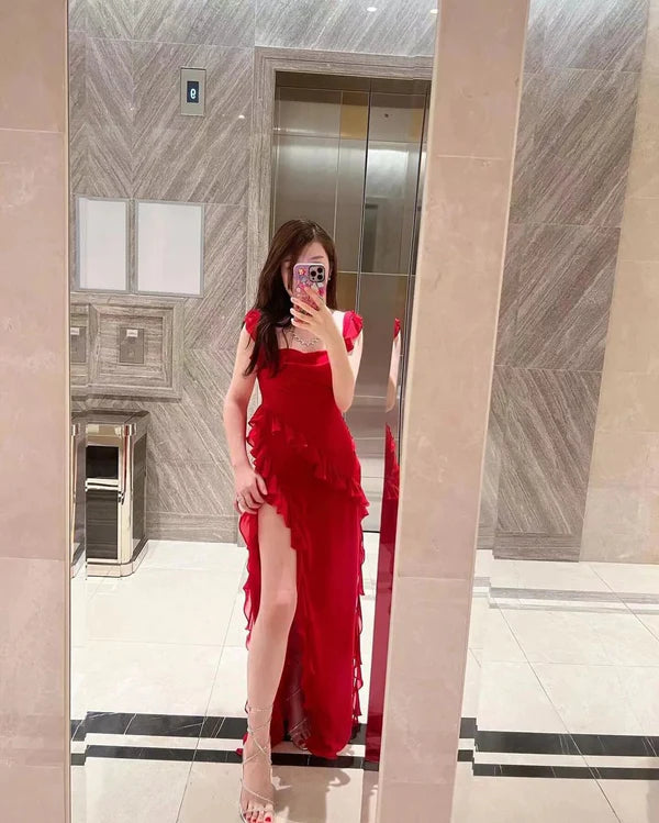 Sexy Red Spaghetti Straps Mermaid Ruffles Side Slit Long Evening Prom Dresses,WGP447