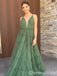 Green Plunging Spaghetti Straps Fluffy A-line Evening Gown Maxi Long Evening Party Prom Dresses with Belt,WGP1184