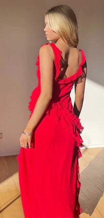 Sexy Red Spaghetti Straps Mermaid Ruffles Side Slit Long Evening Prom Dresses,WGP447