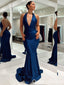 Sexy Plunging Deep V-neck Halter Open Back Mermaid Evening Gown Maxi Long Formal Dresses Prom Dresses with Trailing,WGP947