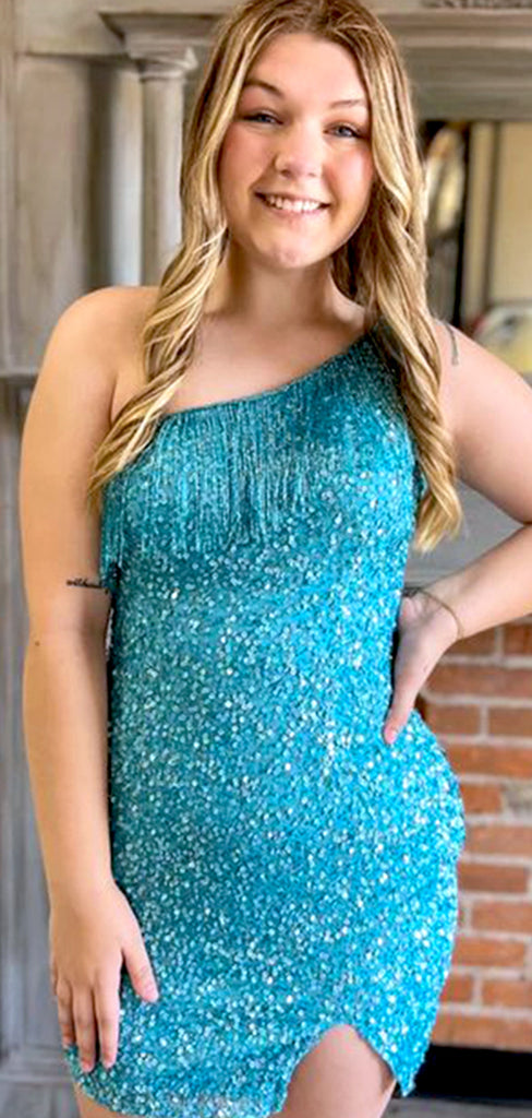 Elegant Light Blue One Shoulder Sequin Cheap Simple Short Homecoming Dresses,QB0419